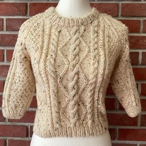 Handmade Wool Cable Knit Aran Pattern Round Neck Sweater Size S